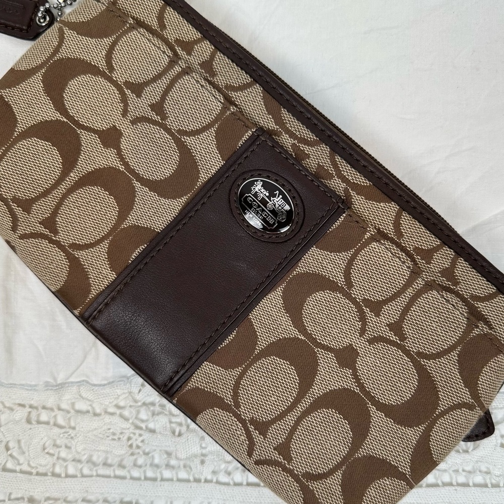 Coach Signature Tan Brown Canvas Leather Wristlet Wallet Small Purse